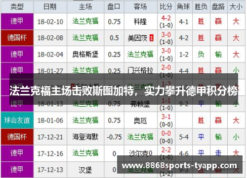 法兰克福主场击败斯图加特，实力攀升德甲积分榜